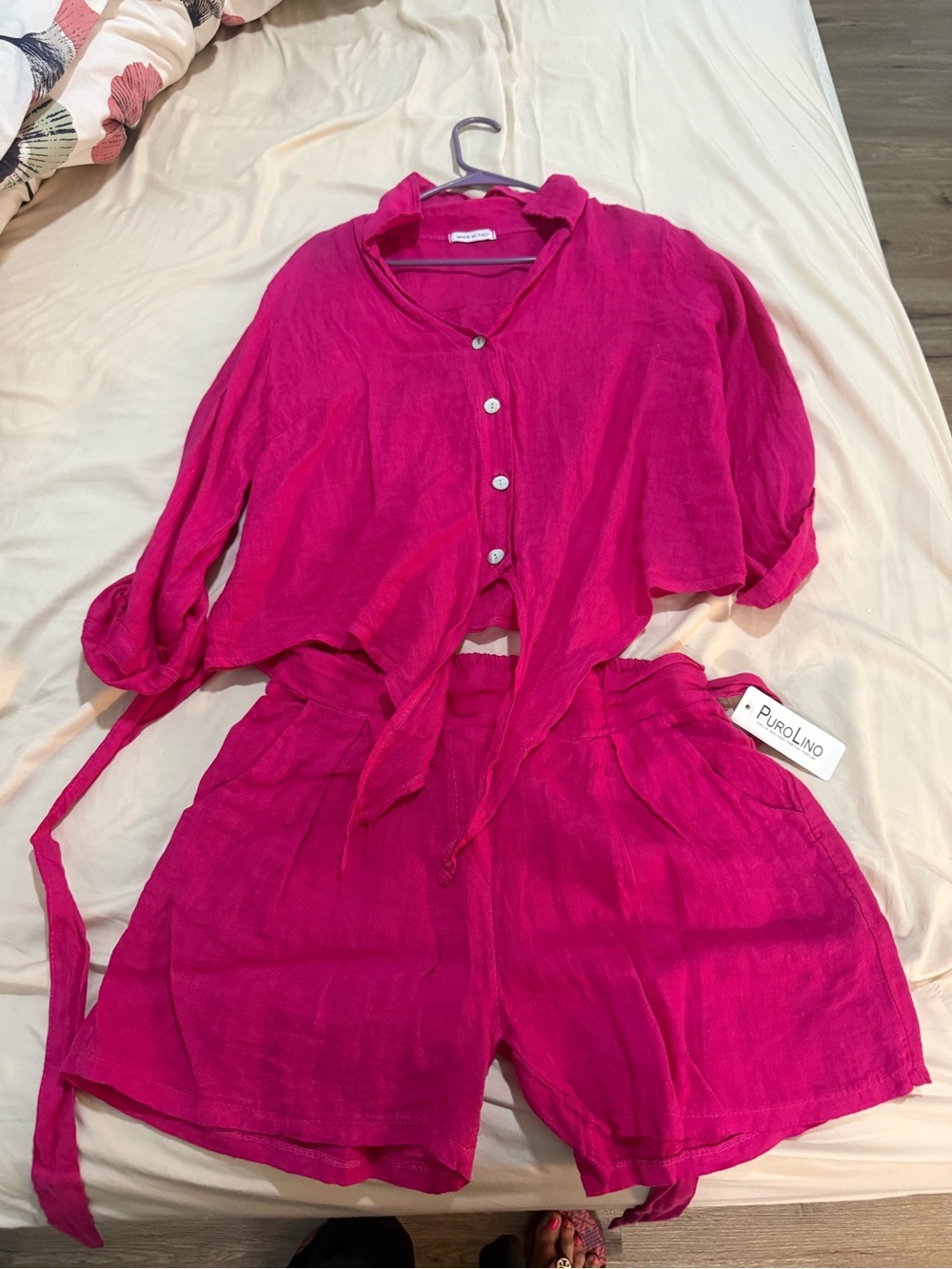 PuroLino Fuchsia Linen Button-Up Top & Shorts Set